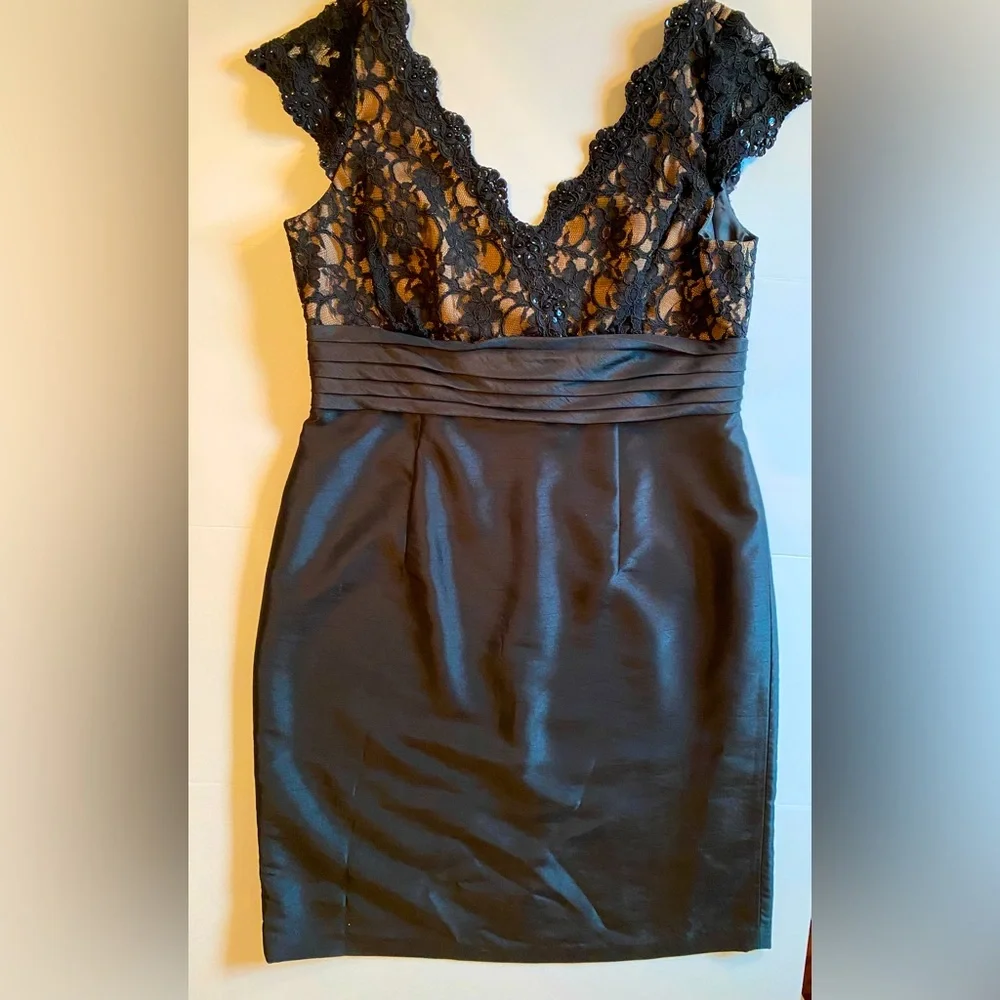 SL Fashions Black Beaded and Sequins Detail Midi Cocktail Dress, size 14